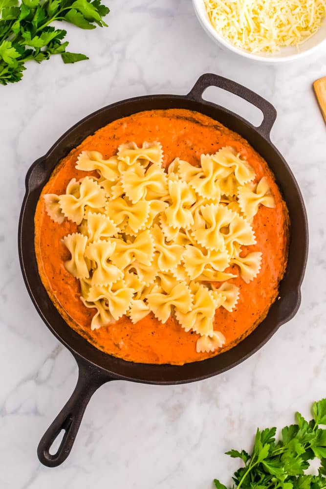 Sauce and pasta in a large cast iron skillet.