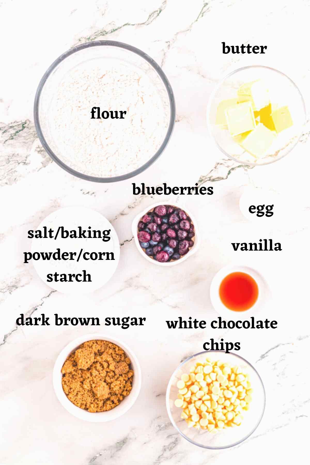Ingredients needed to make Blueberry white chocolate chip cookies.