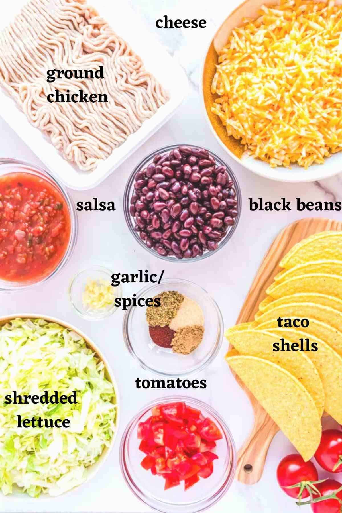 Ingredients needed to make Baked Ground Chicken Tacos Recipe.