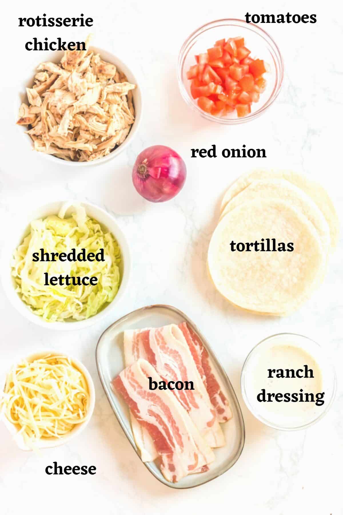Ingredients needed to make chicken bacon ranch tacos.