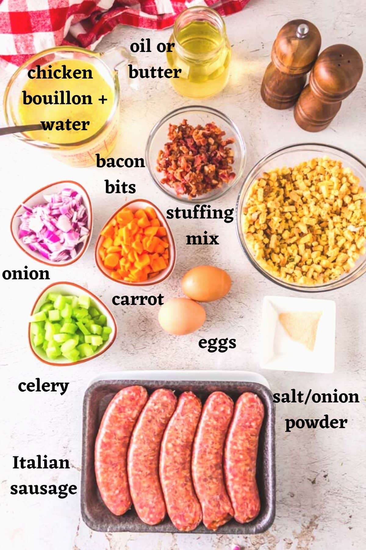 Ingredients needed to. make the best Italian Sausage Stuffing.