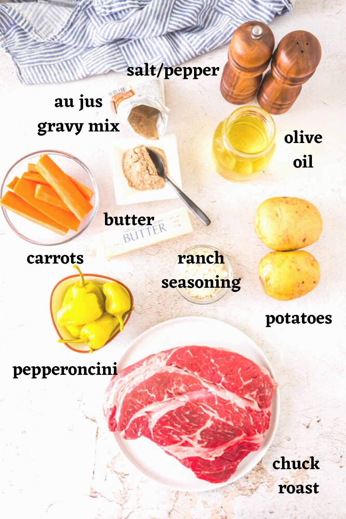 Ingredients needed to make Mississippi Pot Roast with Potatoes and Carrots.