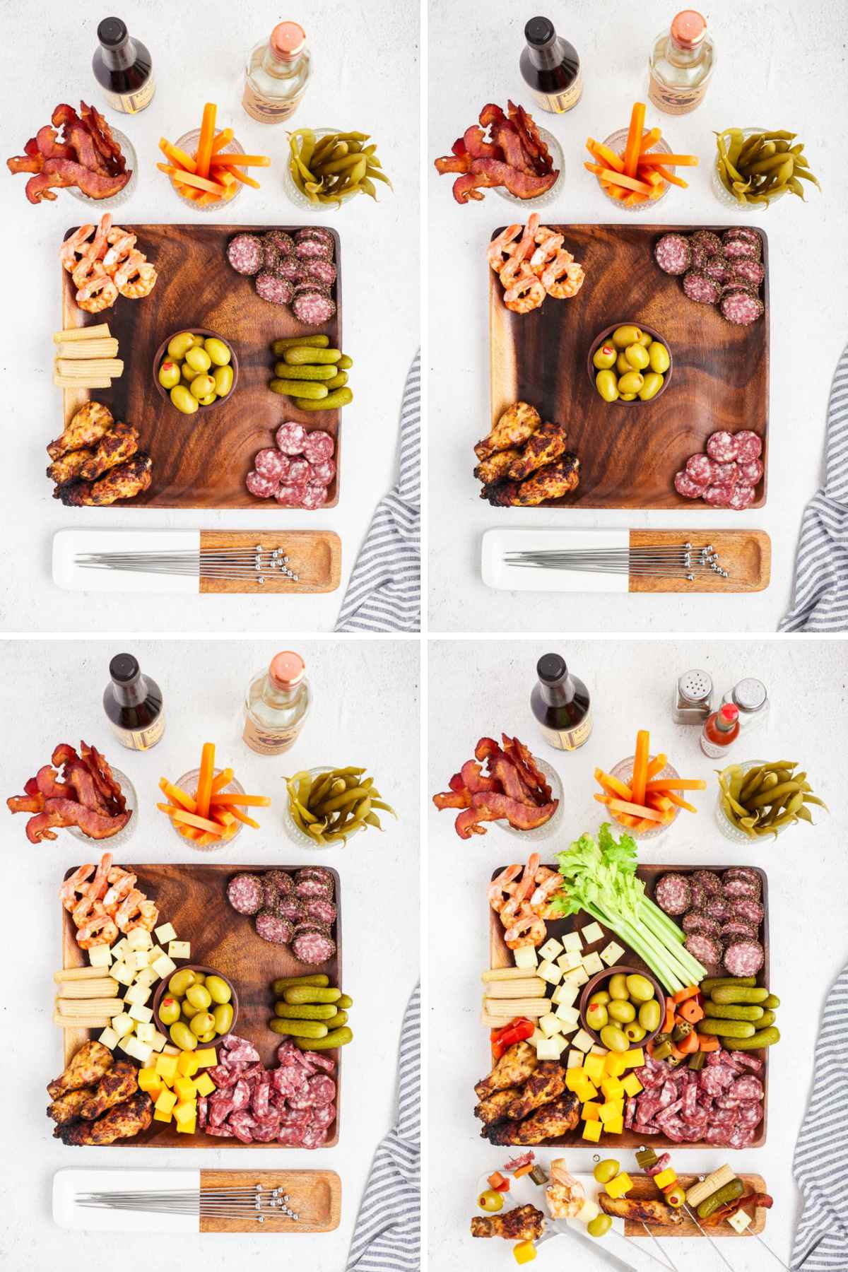 How to make a bloody mary charcuterie board step by step with lots of bloody mary garnishes.