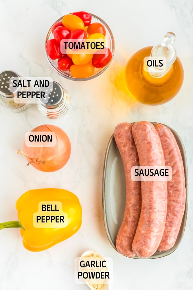 Ingredients needed to make Baked Italian Sausage and Peppers.