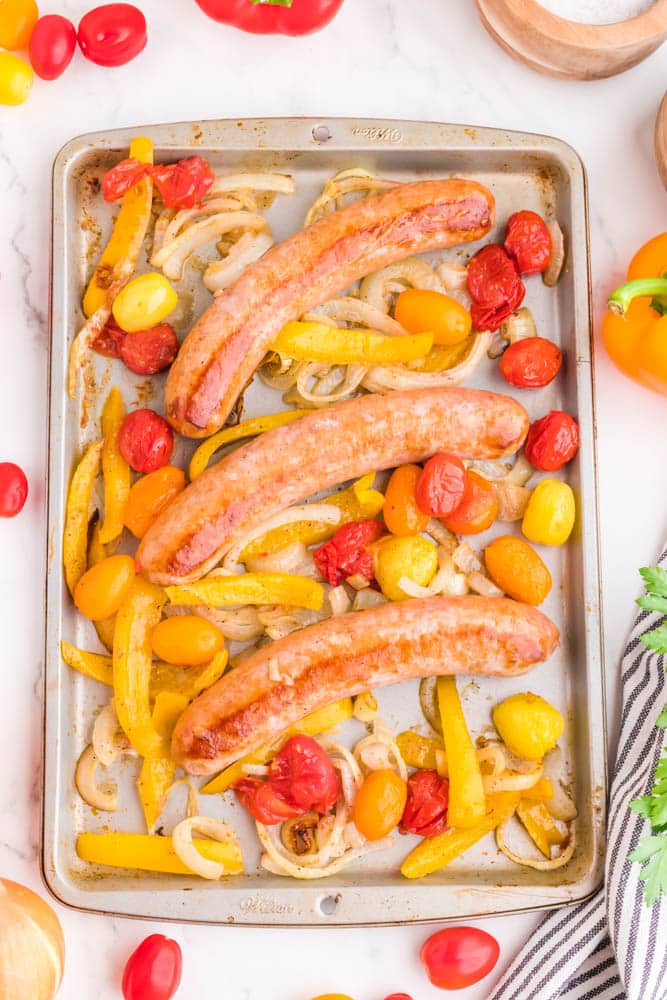 Sheet Pan Italian Sausage and Peppers on a baking sheet.