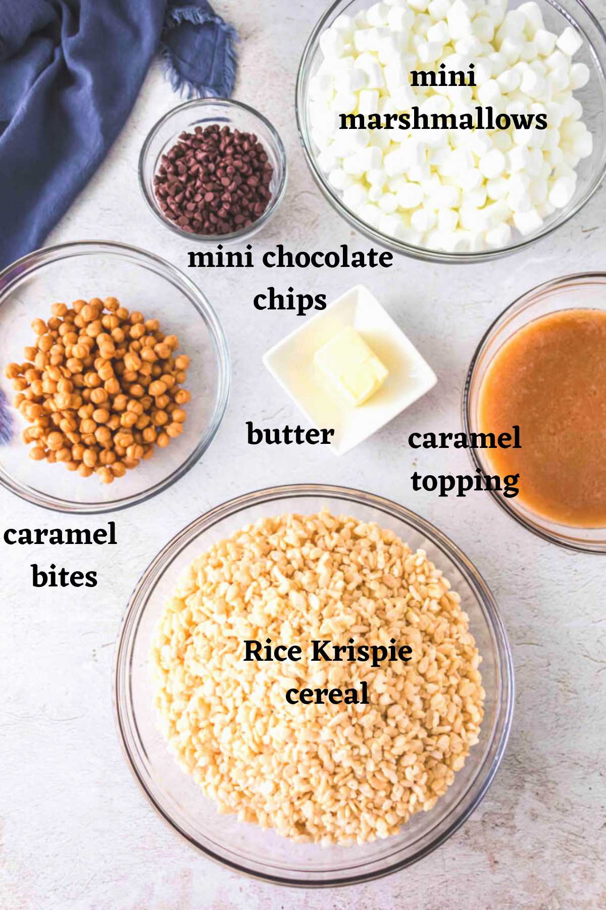 Ingredients needed to make Caramel Rice Krispie Treats.