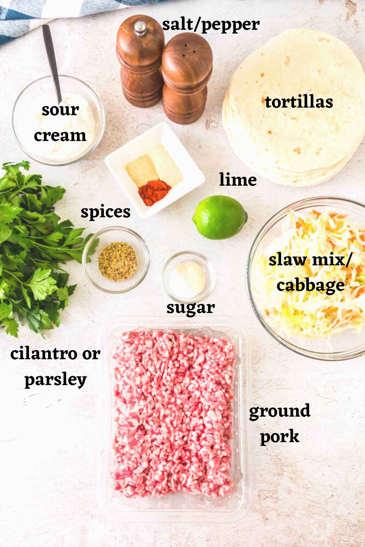Ingredients needed to make easy ground pork tacos with cilantro slaw.