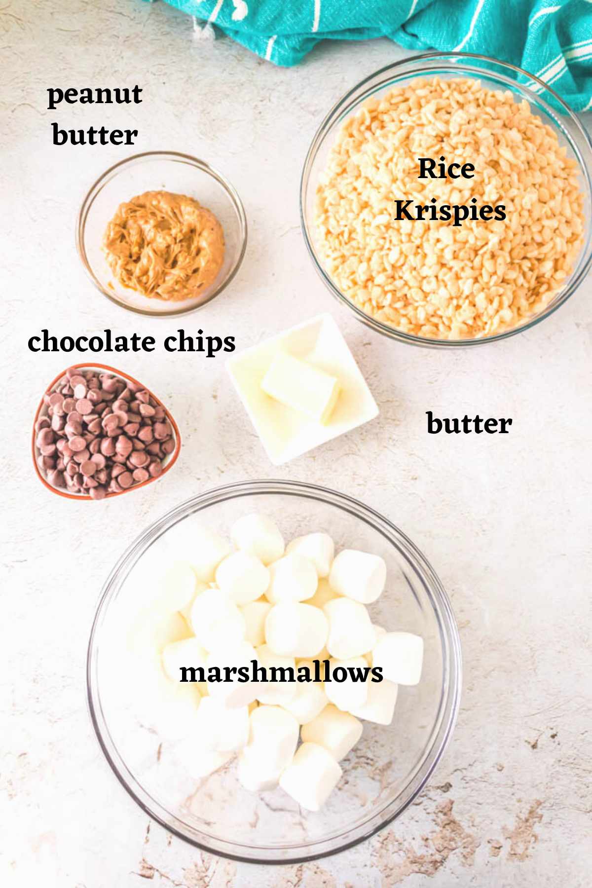 Ingredients needed to make Peanut Butter Rice Krispie Treats with Chocolate.