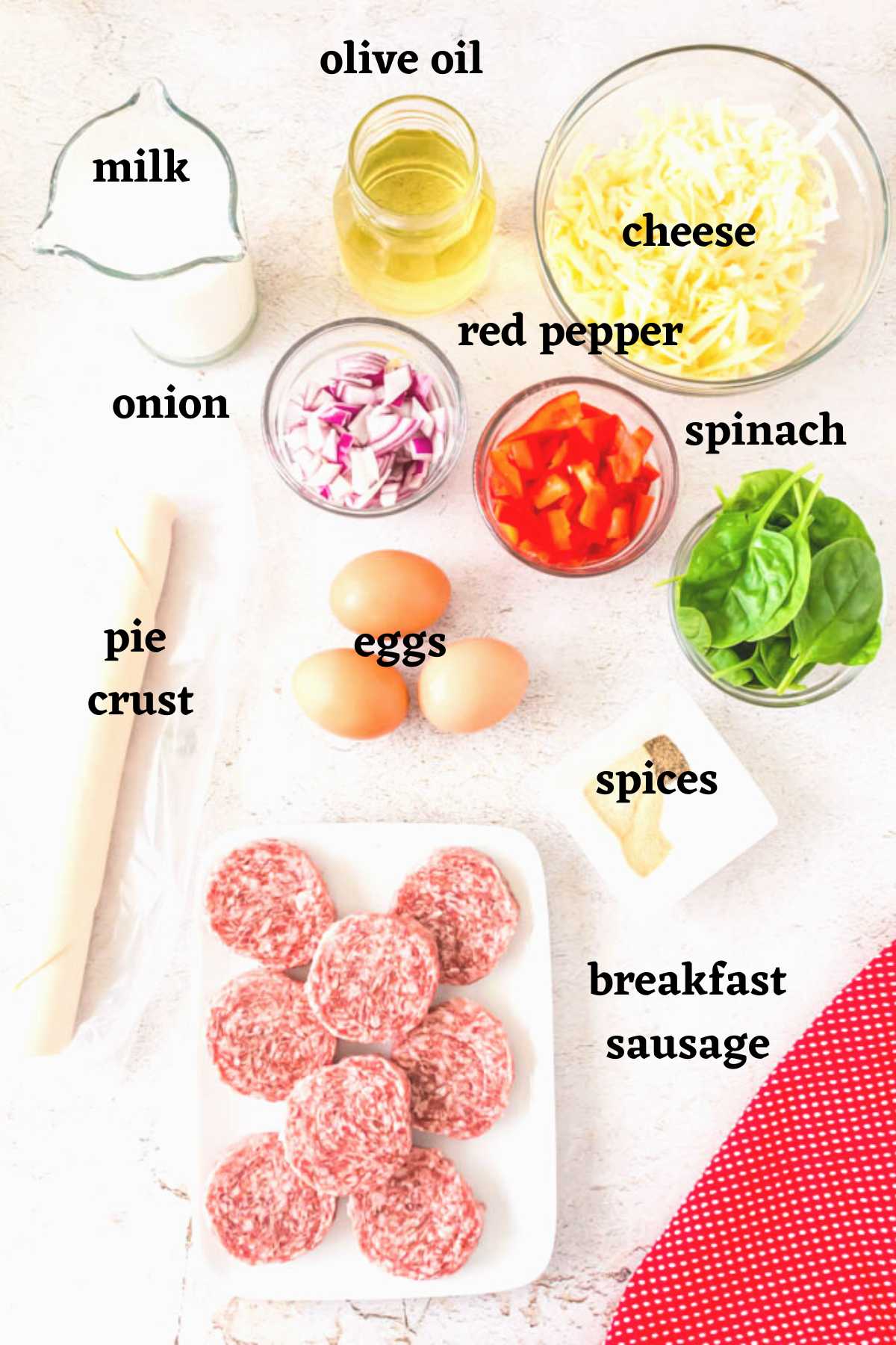 Ingredients to make this Sausage and Spinach Quiche recipe.