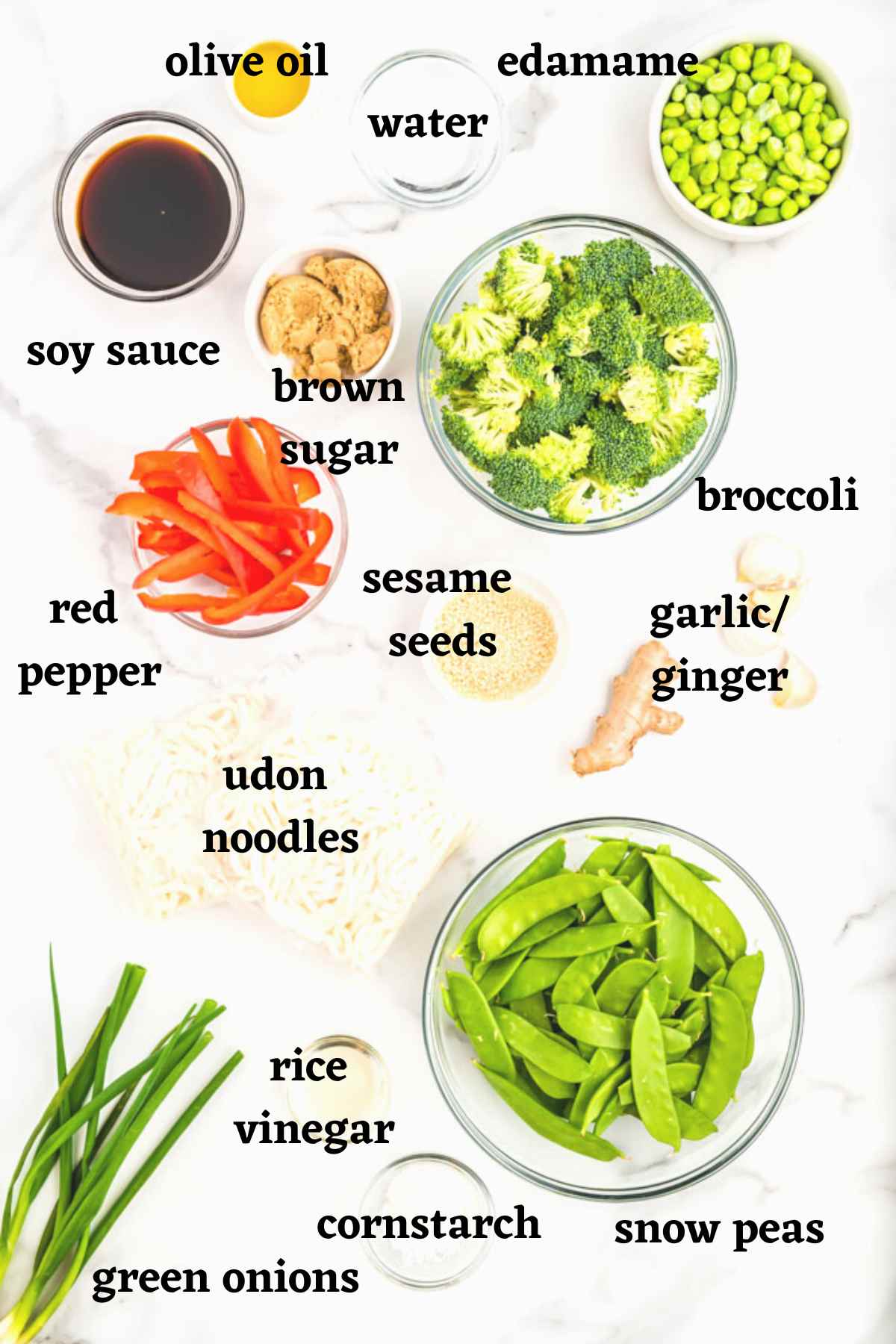 Ingredients needed to make Teriyaki Udon Noodles.