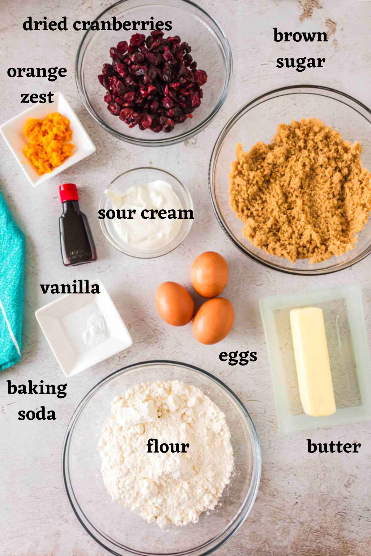 Ingredients needed to make Cranberry Orange Pound Cake.