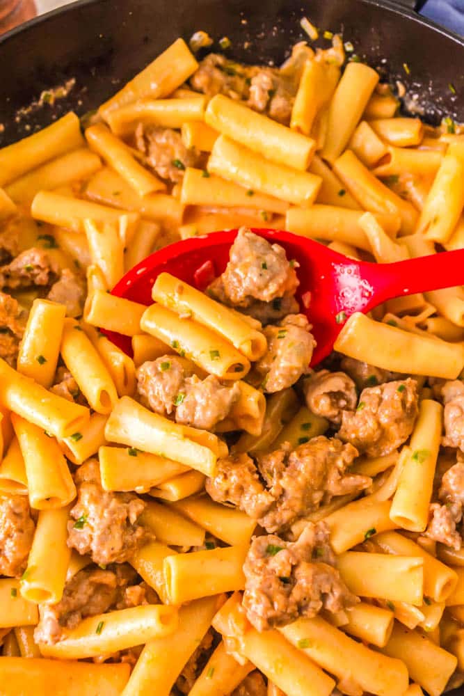 Spicy Italian Sausage Pasta in a large skillet.