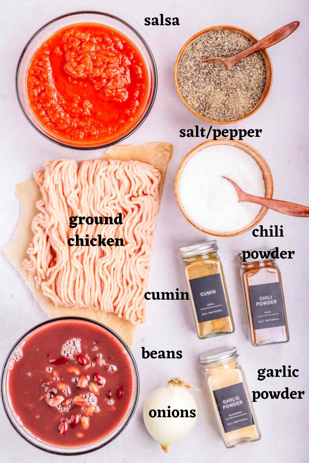 Ingredients needed to make ground chicken chili.