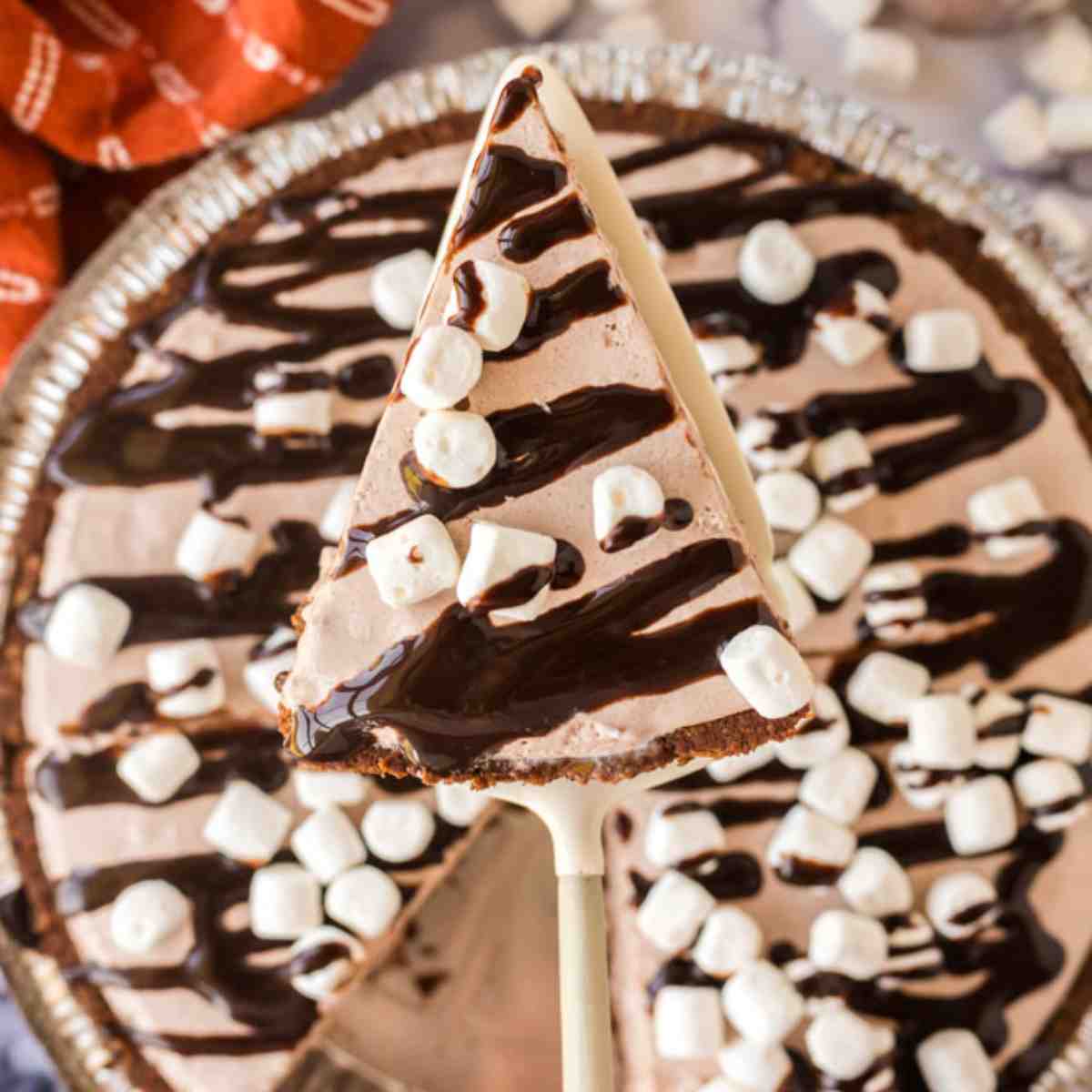 overhead slice of hot chocolate pie being served
