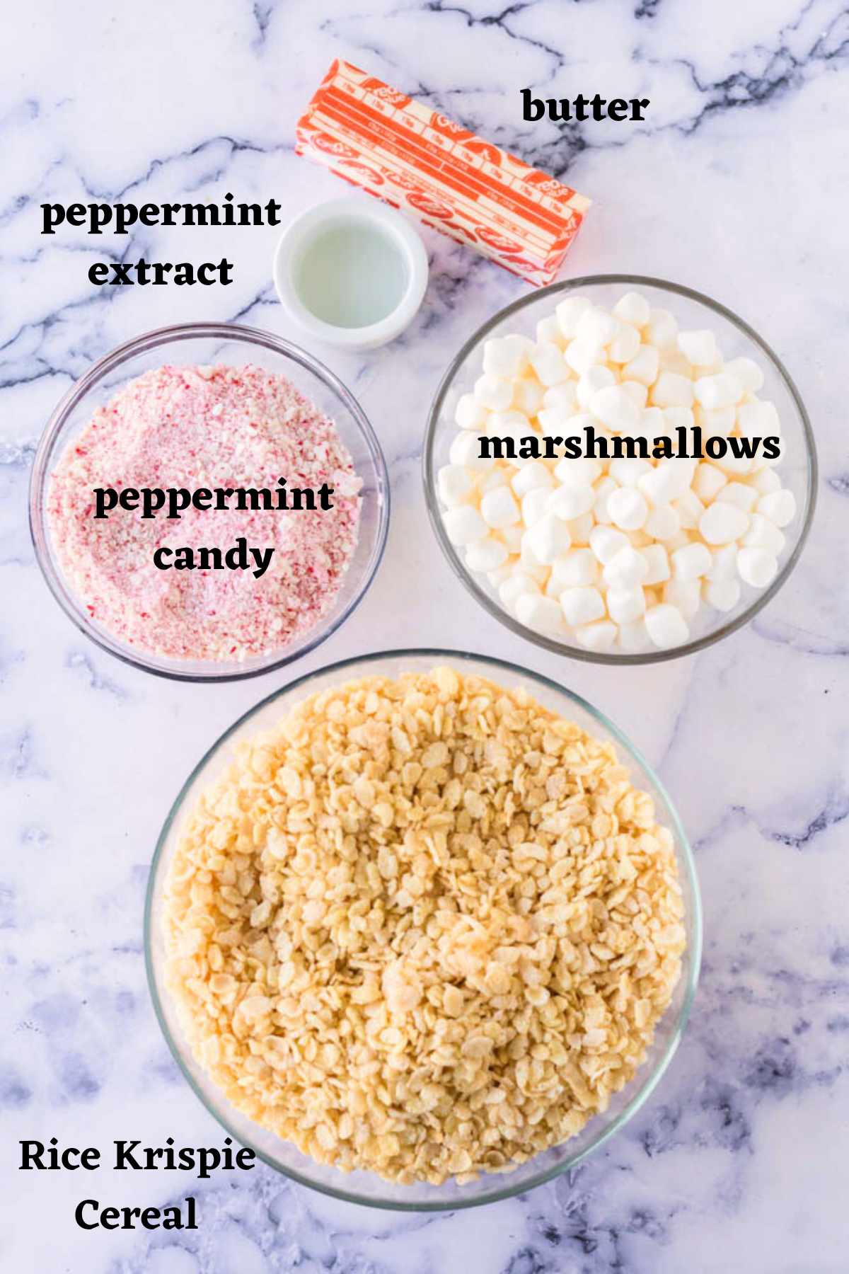 Ingredients needed to make Peppermint Rice Krispie Treats.