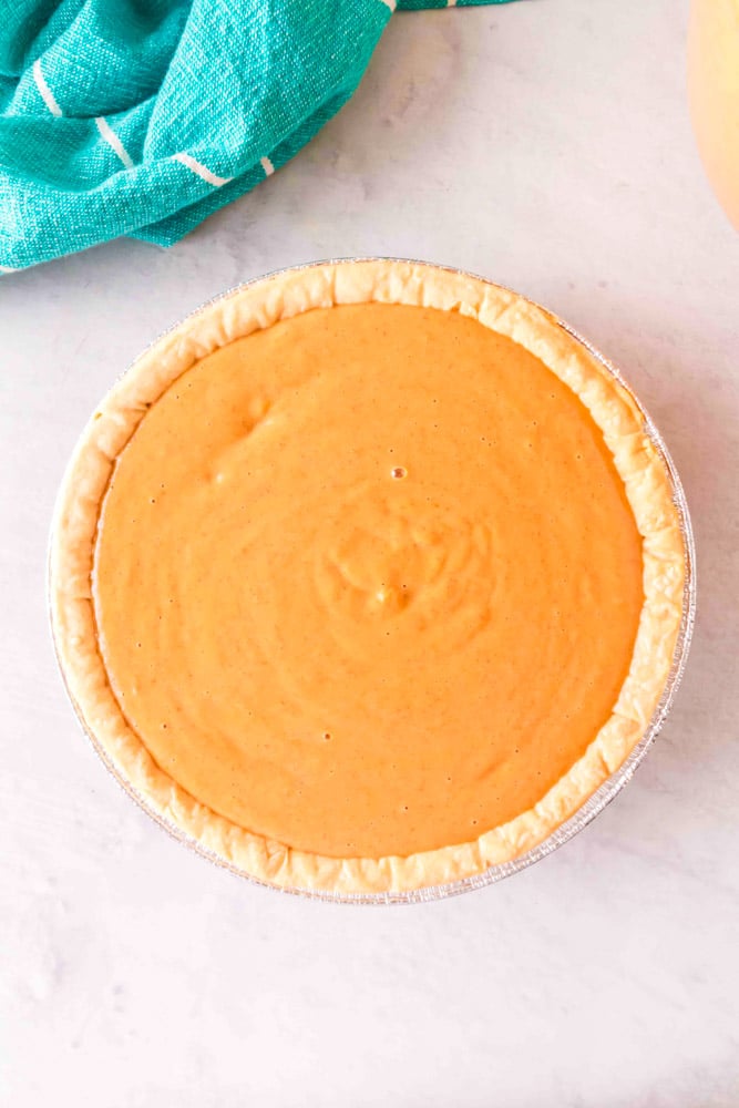 Pumpkin Pie made with Condensed Milk before being baked,