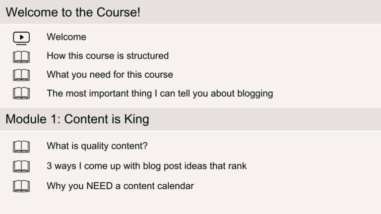 Smart Strategies for Food Bloggers course module outline.