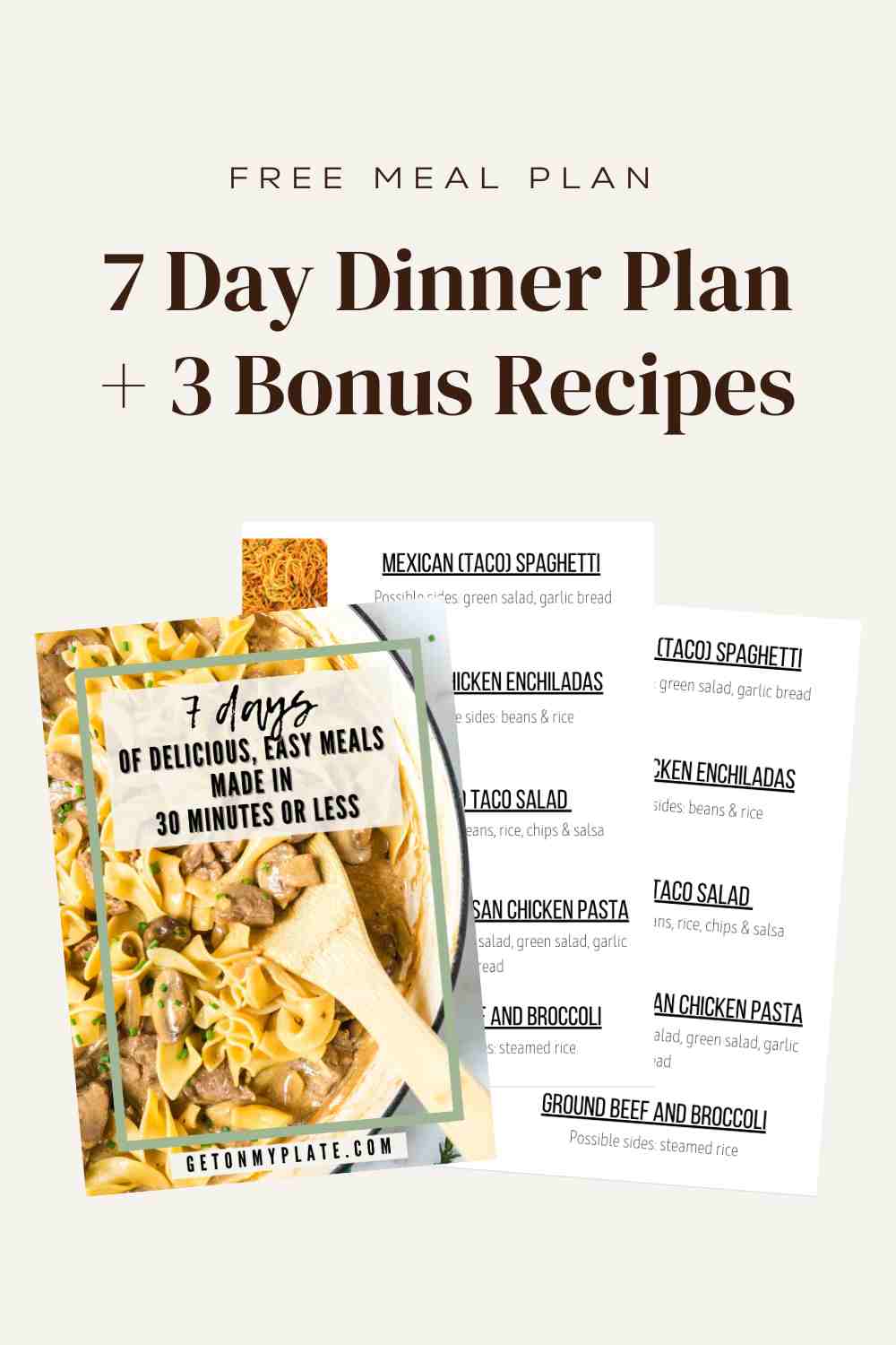 Screenshots of 7 day dinner planners.