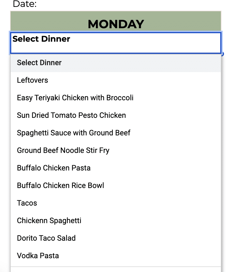 Screenshot for Google Sheets Meal Planner
