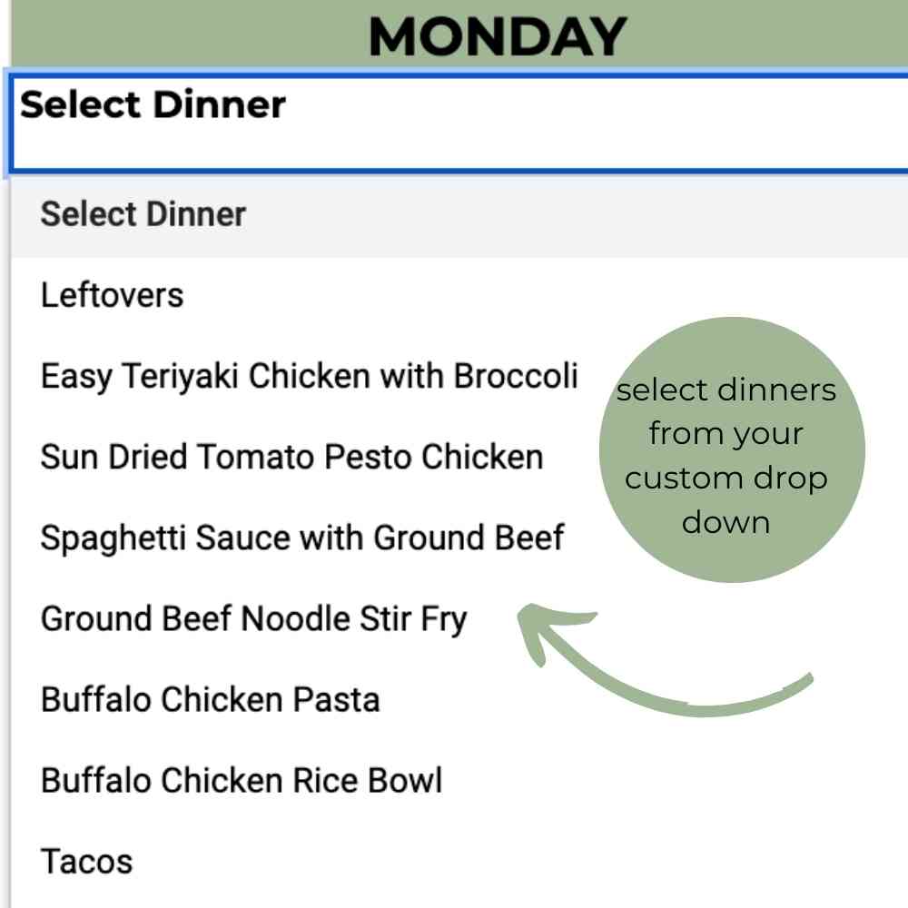Screen shot from google sheets meal  planner dinner drop down.