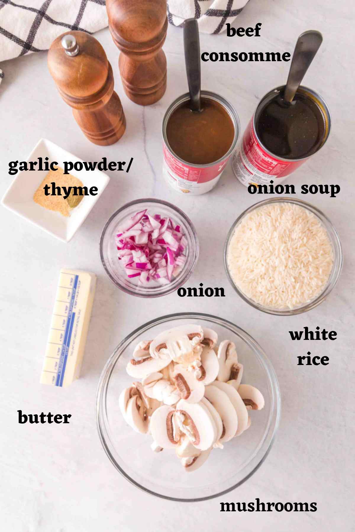 Ingredients needed to make Campbell's Beef Consomme Rice Recipe.