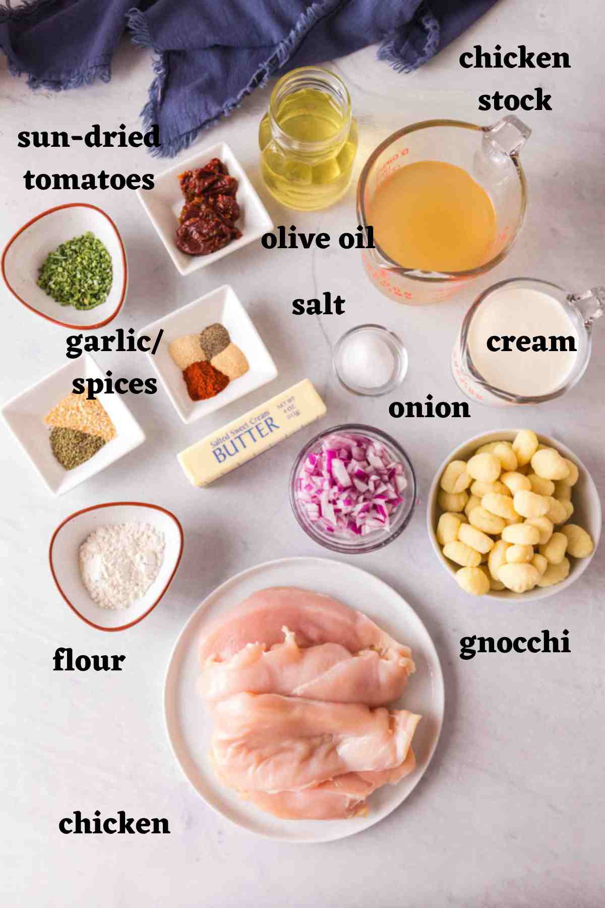 Ingredients needed to make creamy chicken and gnocchi.