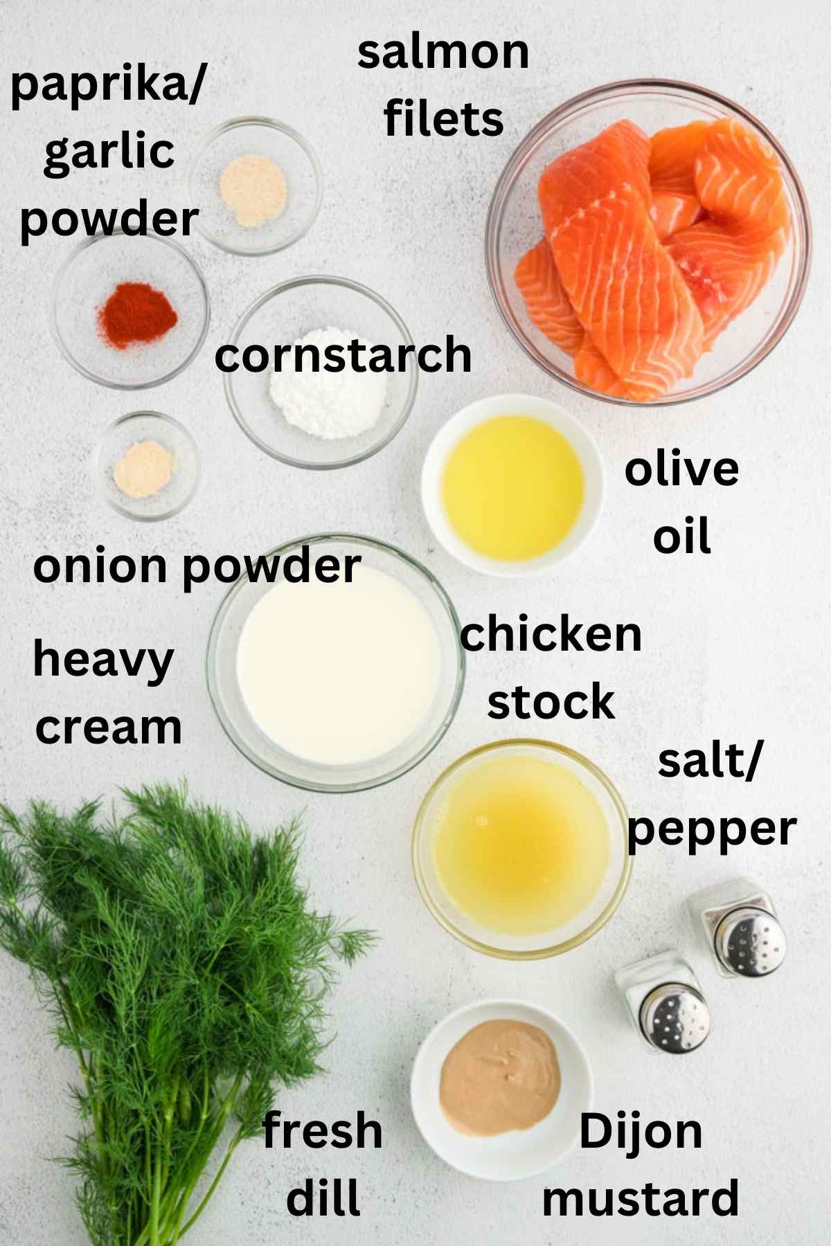 Ingredients needed for salmon with dill cream sauce.