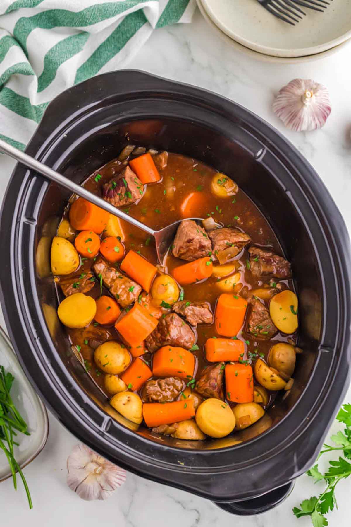 Crockpot Irish stew cooked in the slow cooker.