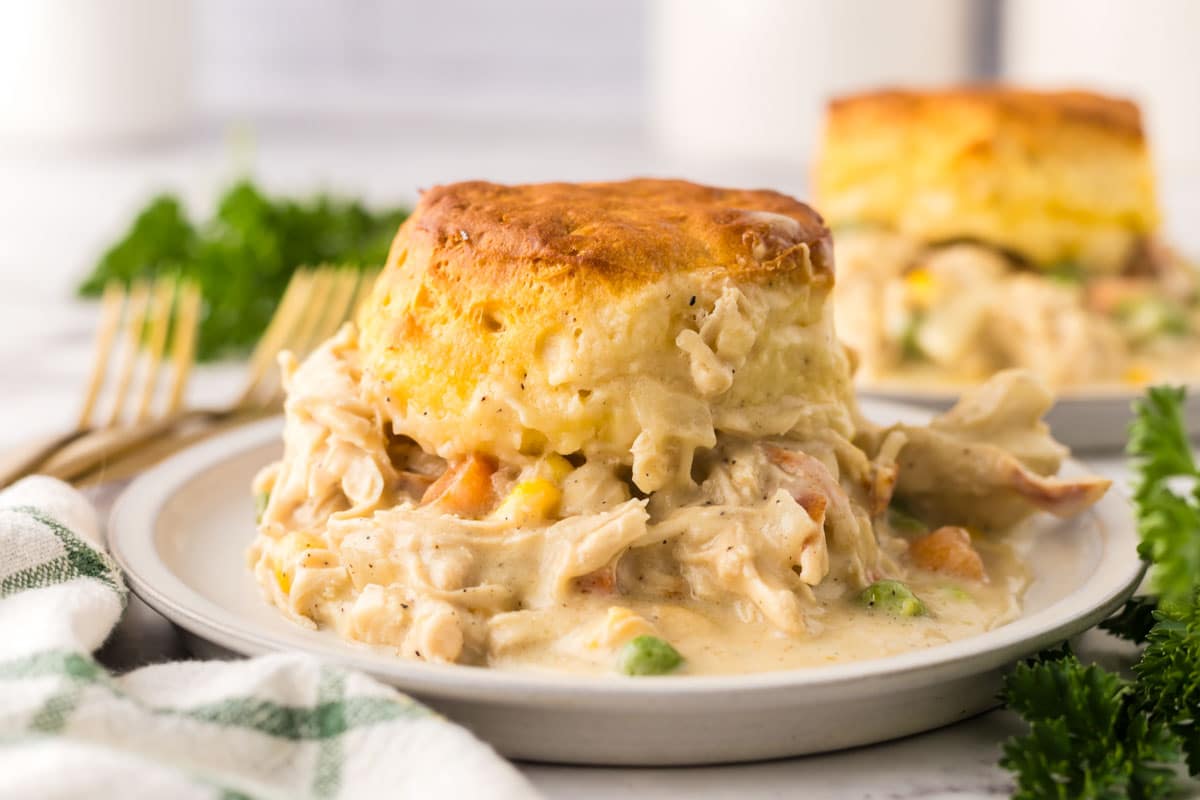 One serving of the chicken pot pie casserole on a plate.
