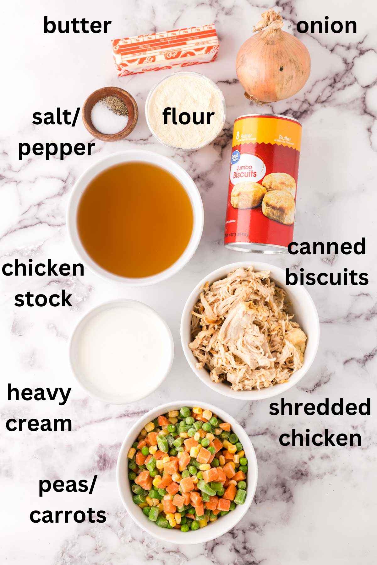 Ingredients needed for chicken pot pie casserole with biscuits.