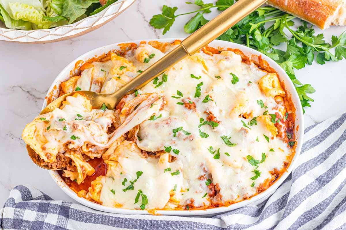 Baked Tortellini Casserole in a white dish.