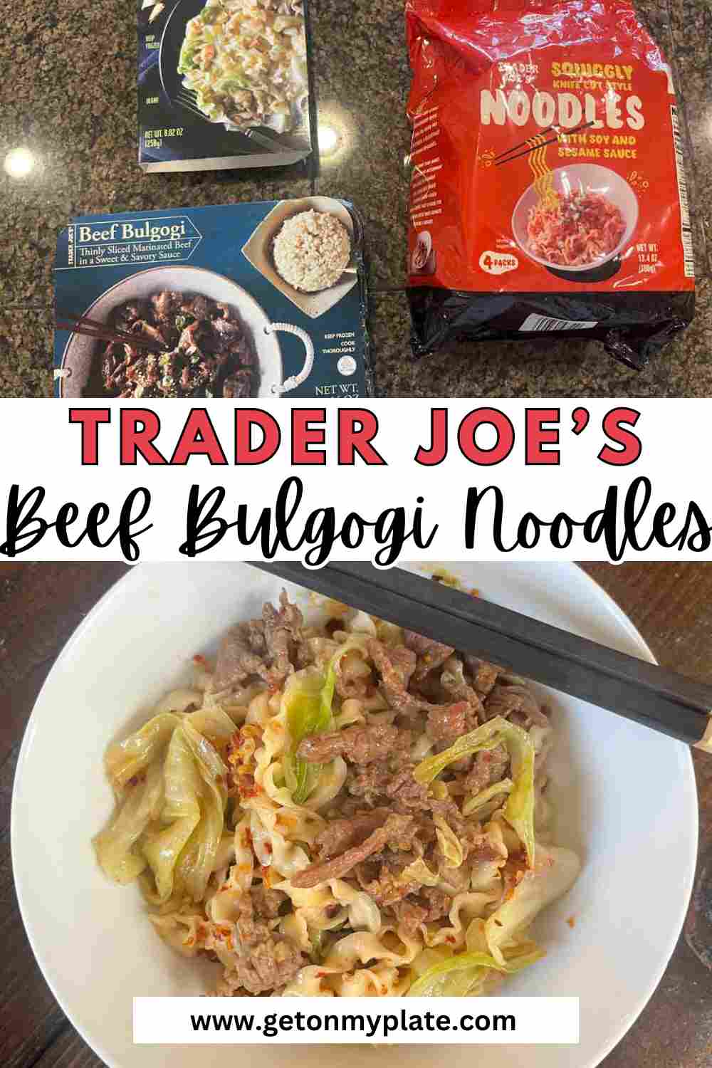 Pinerest Pin for Trader joe's beef bulgogi stir fry showing ingredients and the finished stir fry dish.