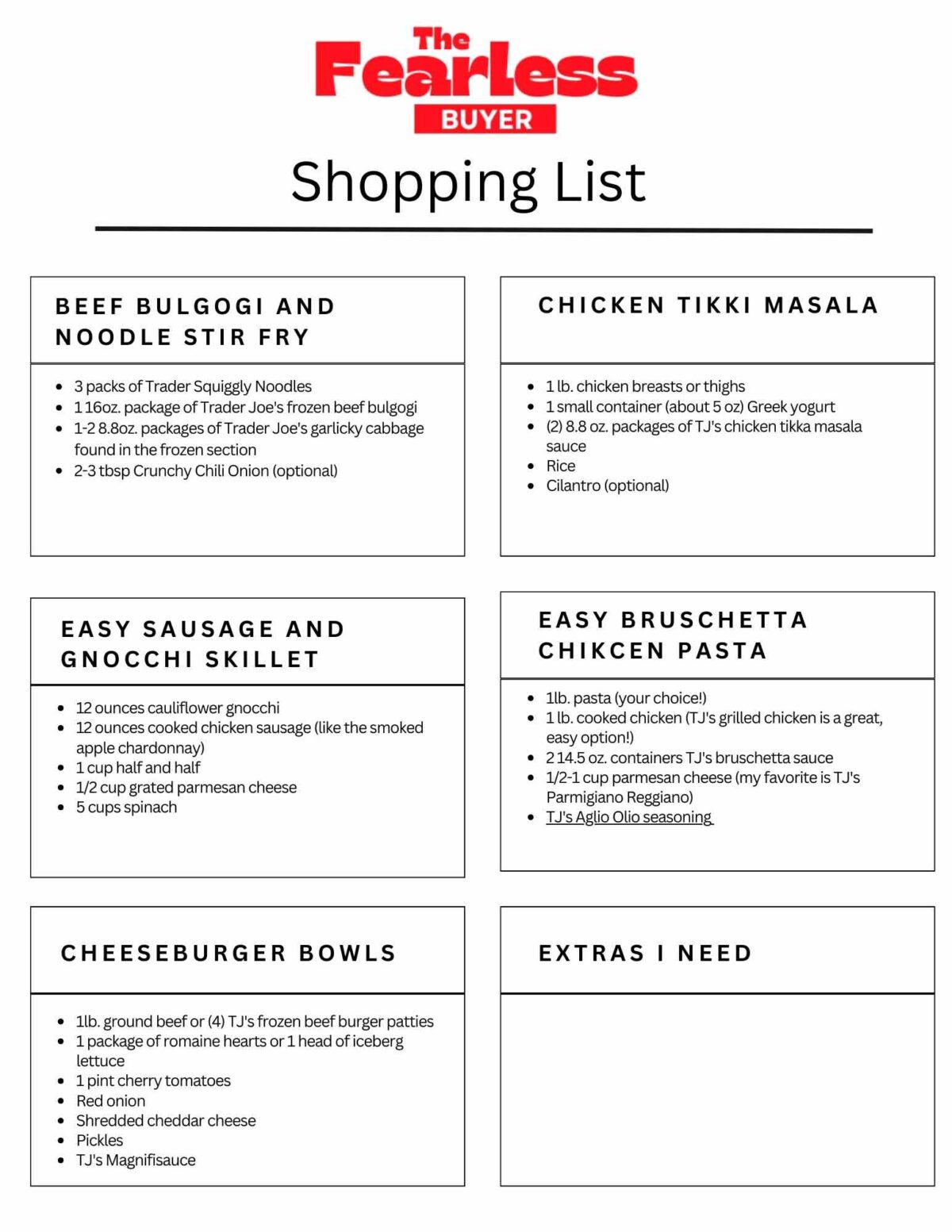 Trader Joe's shopping list for the Trader Joe's Meal Plan #4.