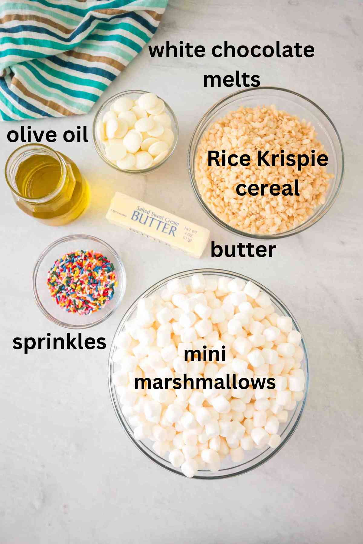 INgredients needed to make Rice Krispie Treats with Sprinkles and white chocolate.