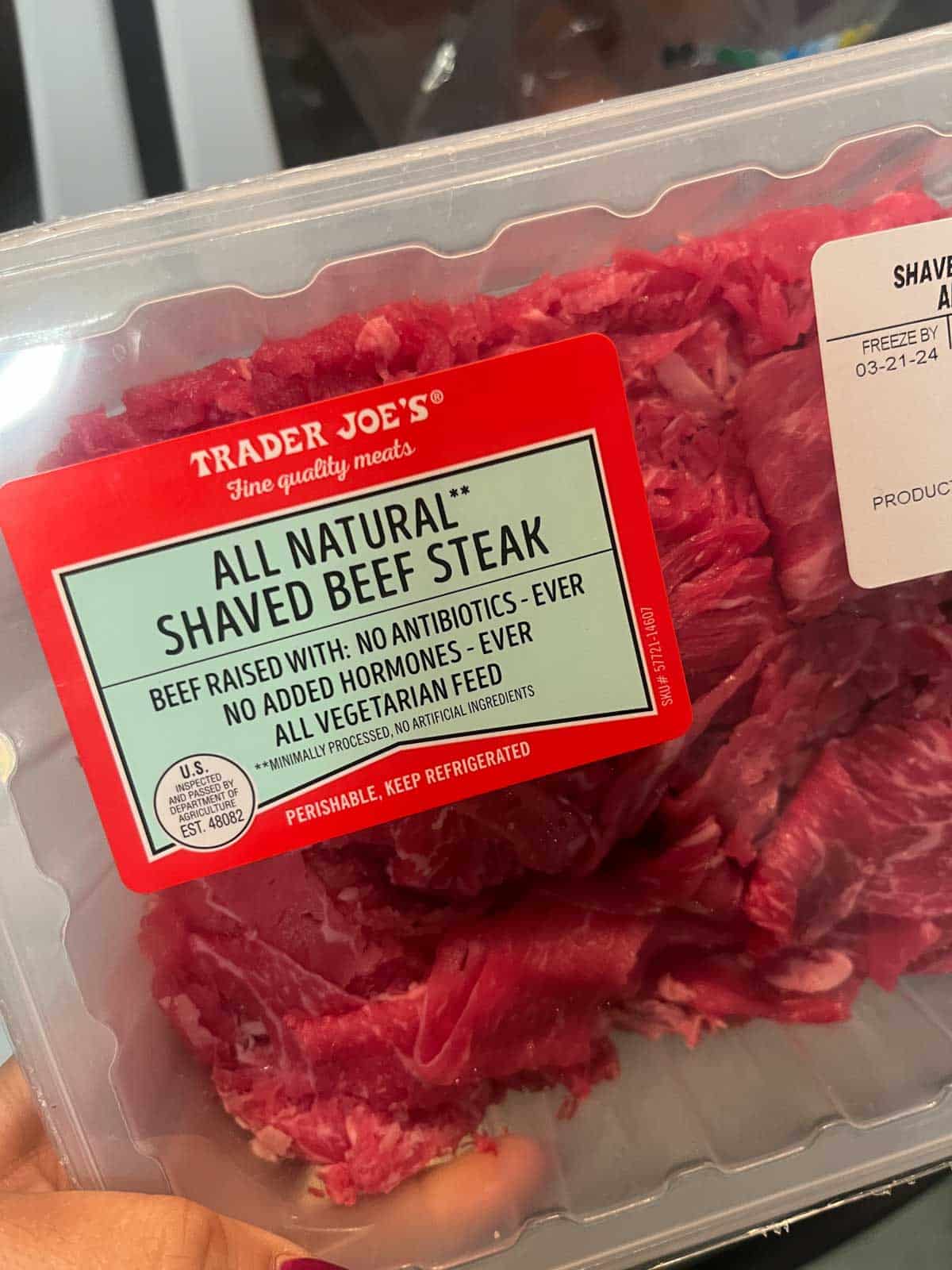 A package of Trader Joe's Shaved Beef.
