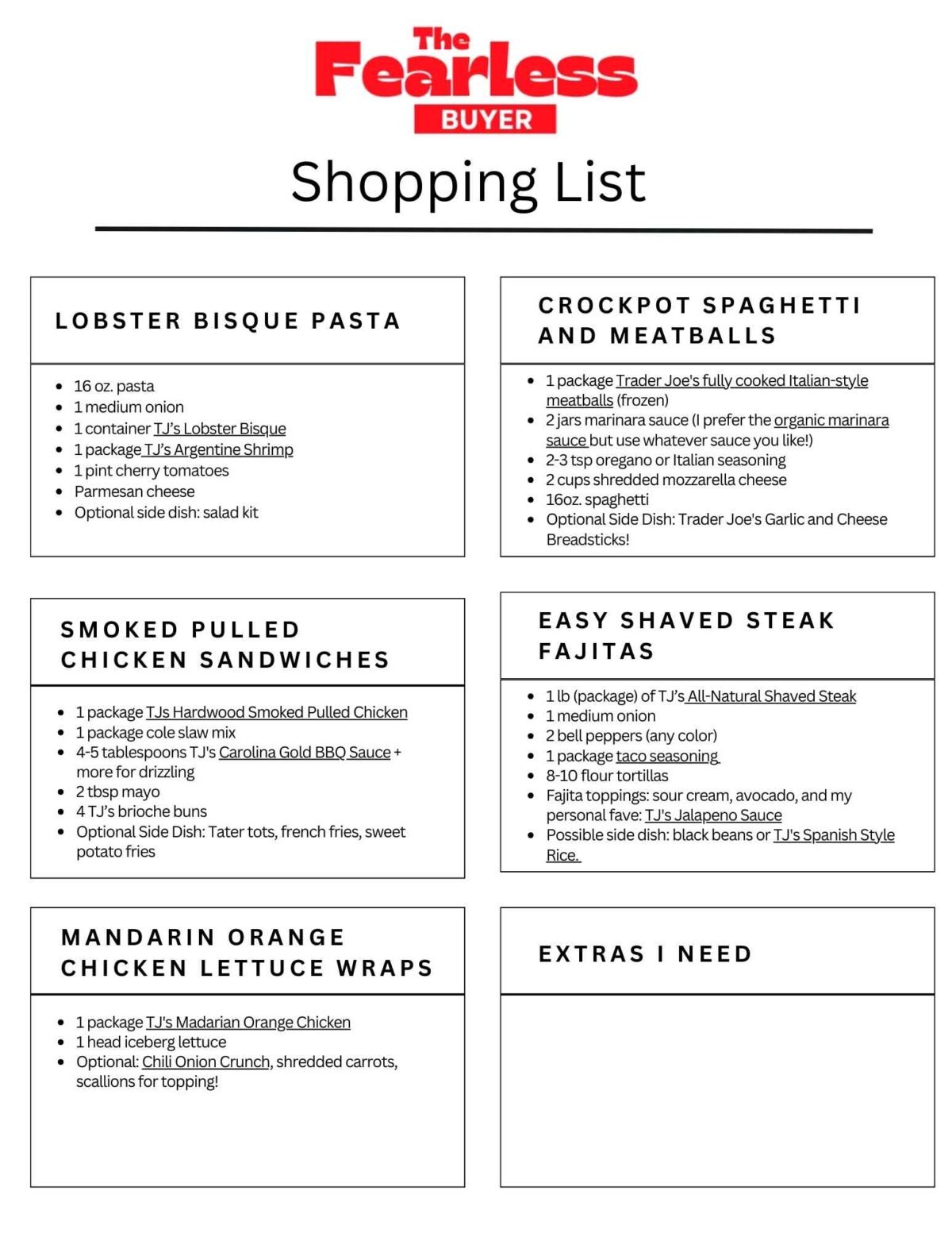 GROCERY LIST FOR TRADER JOE'S MEAL PLAN 1