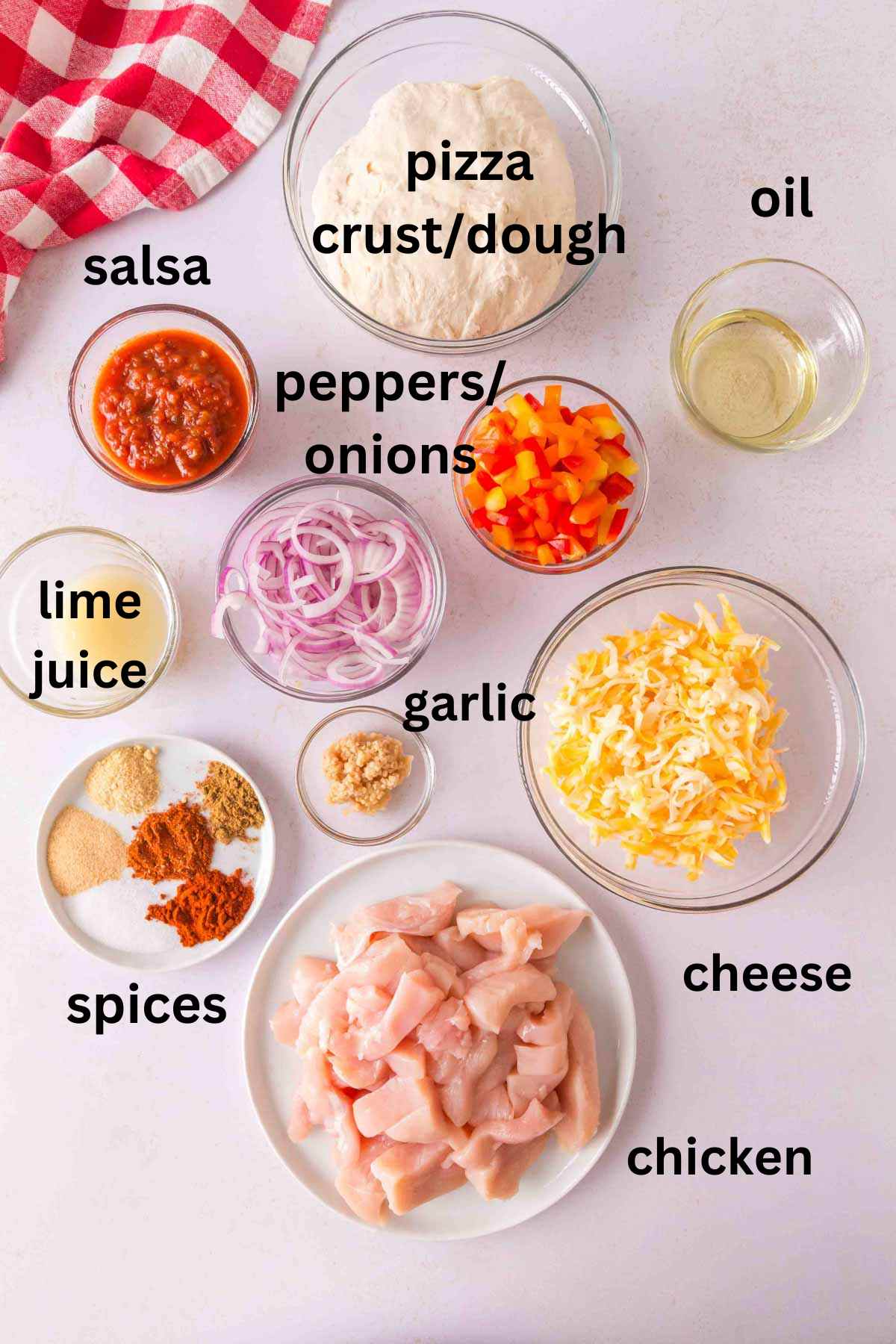 Ingredients for chicken fajita pizza.