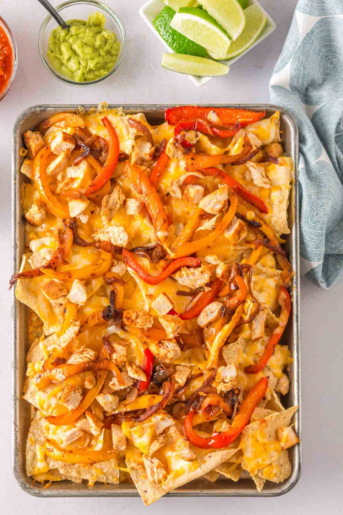 Fajita nachos out of the oven with no toppings.