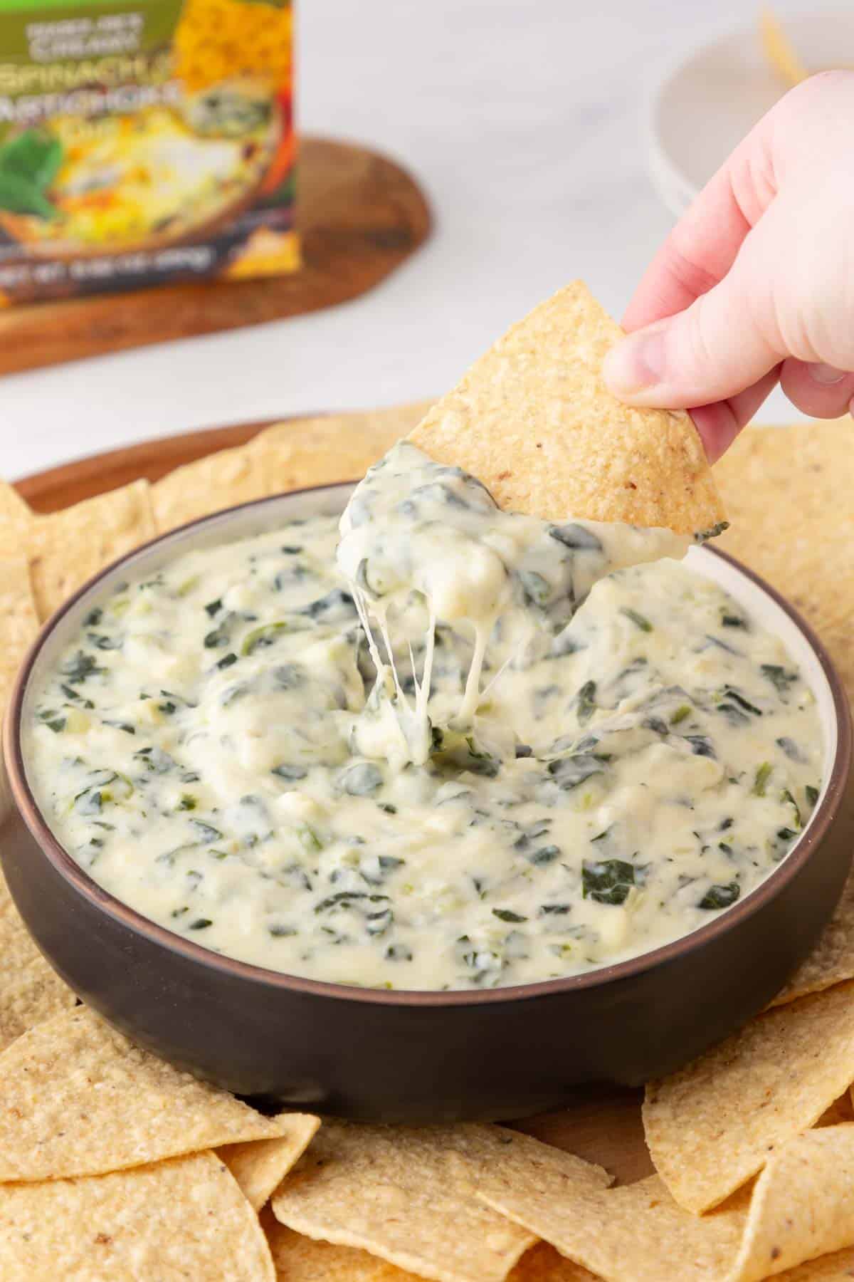 Trader Joe's Spinach and Artichoke Dip in a bowl with a chip dipped in the hot dip.