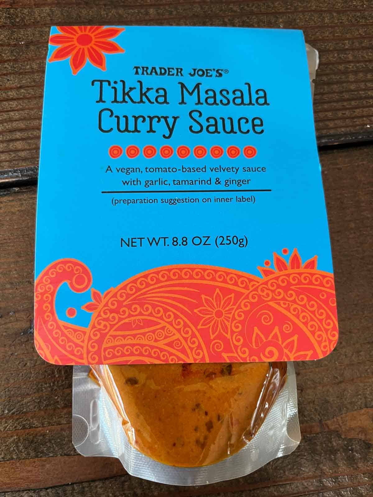 A package of Trader Joe's Chicken Tikka Masala sauce.