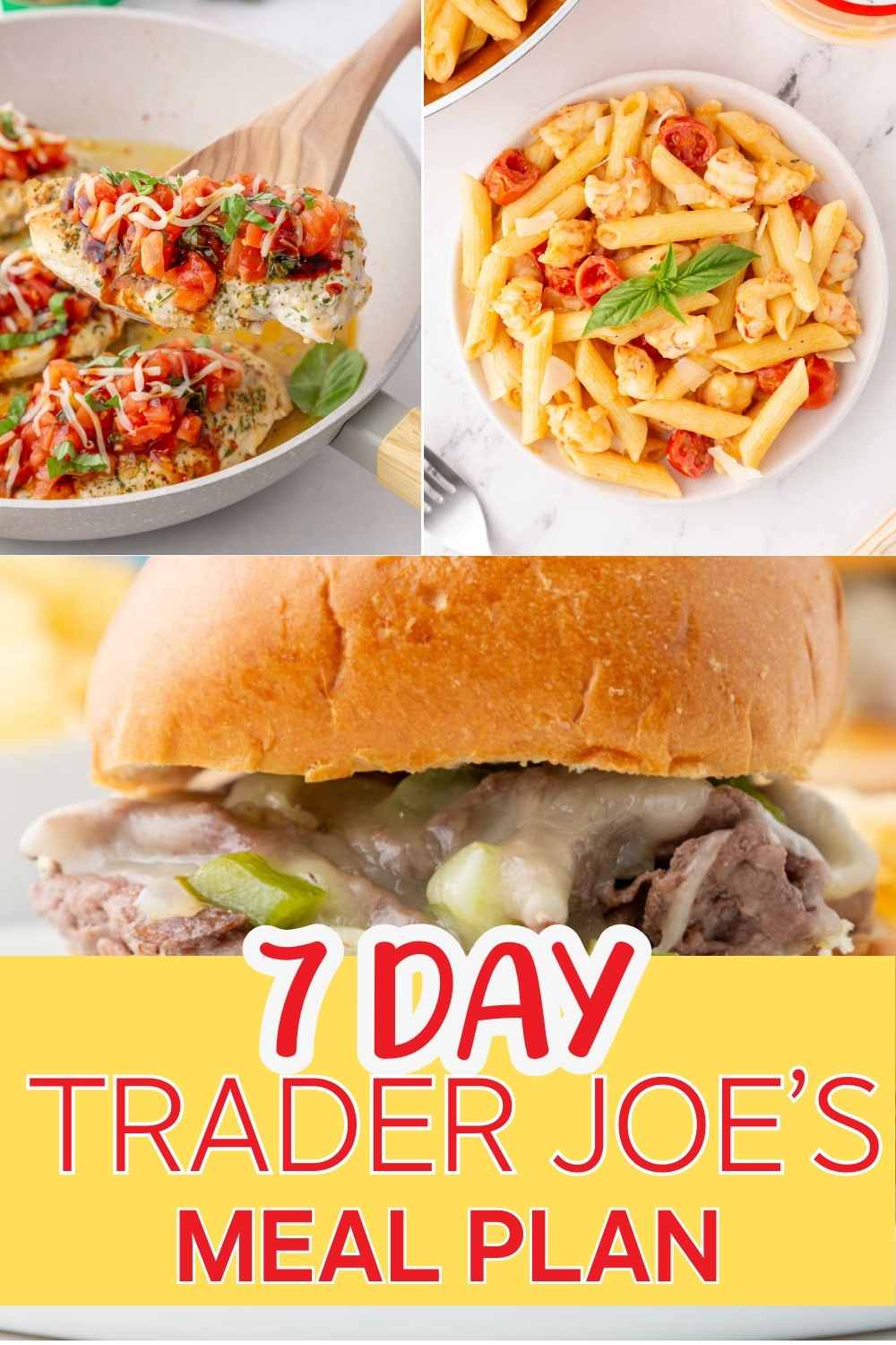 Pinterest Pin showing 3 easy trader joe's dinner ideas from the meal plan.
