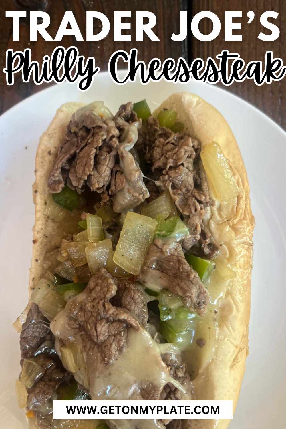 Pinterest pin of Trader Joe's Philly Cheesesteak on a plate with Pinterest text.