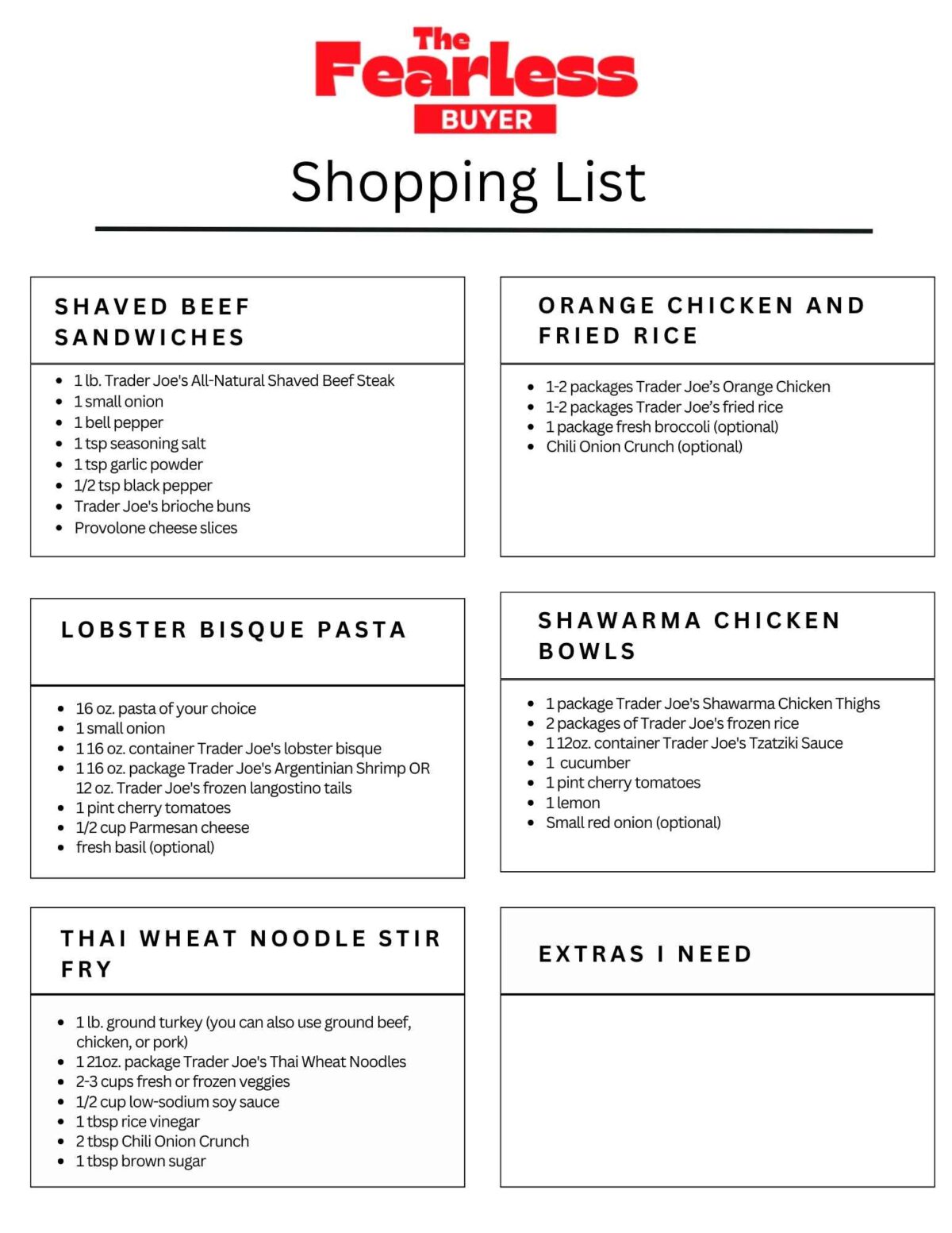Trader Joe's shopping list #5 with ingredients listed by recipe.