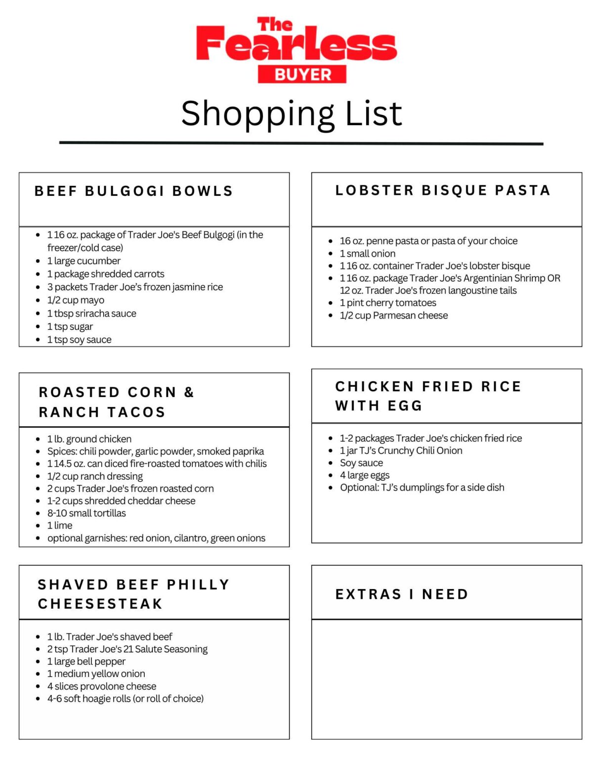 Shopping list for Trader Joe's Meal Plan 7.