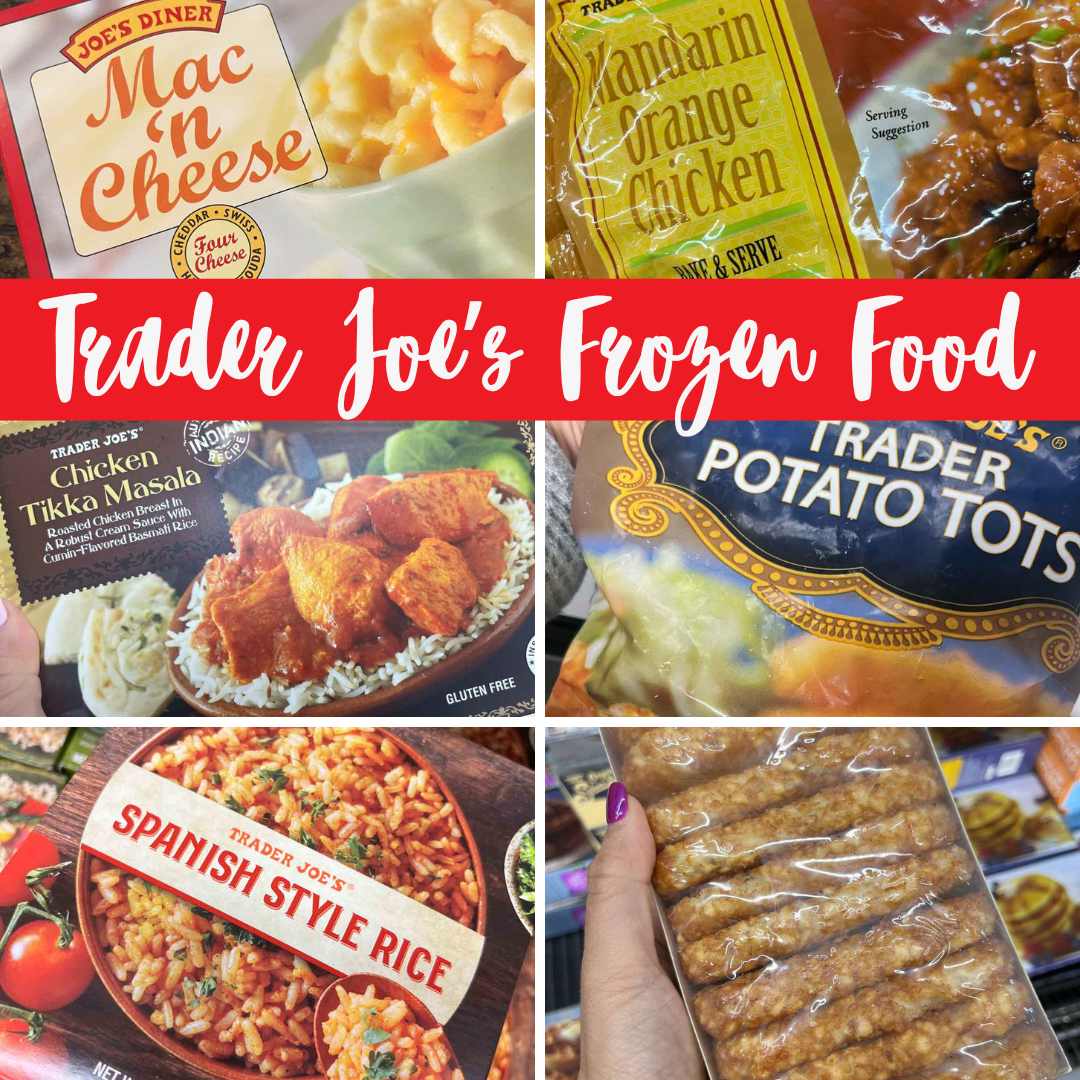 A collage of 6 different Trader Joe's frozen food items. 
