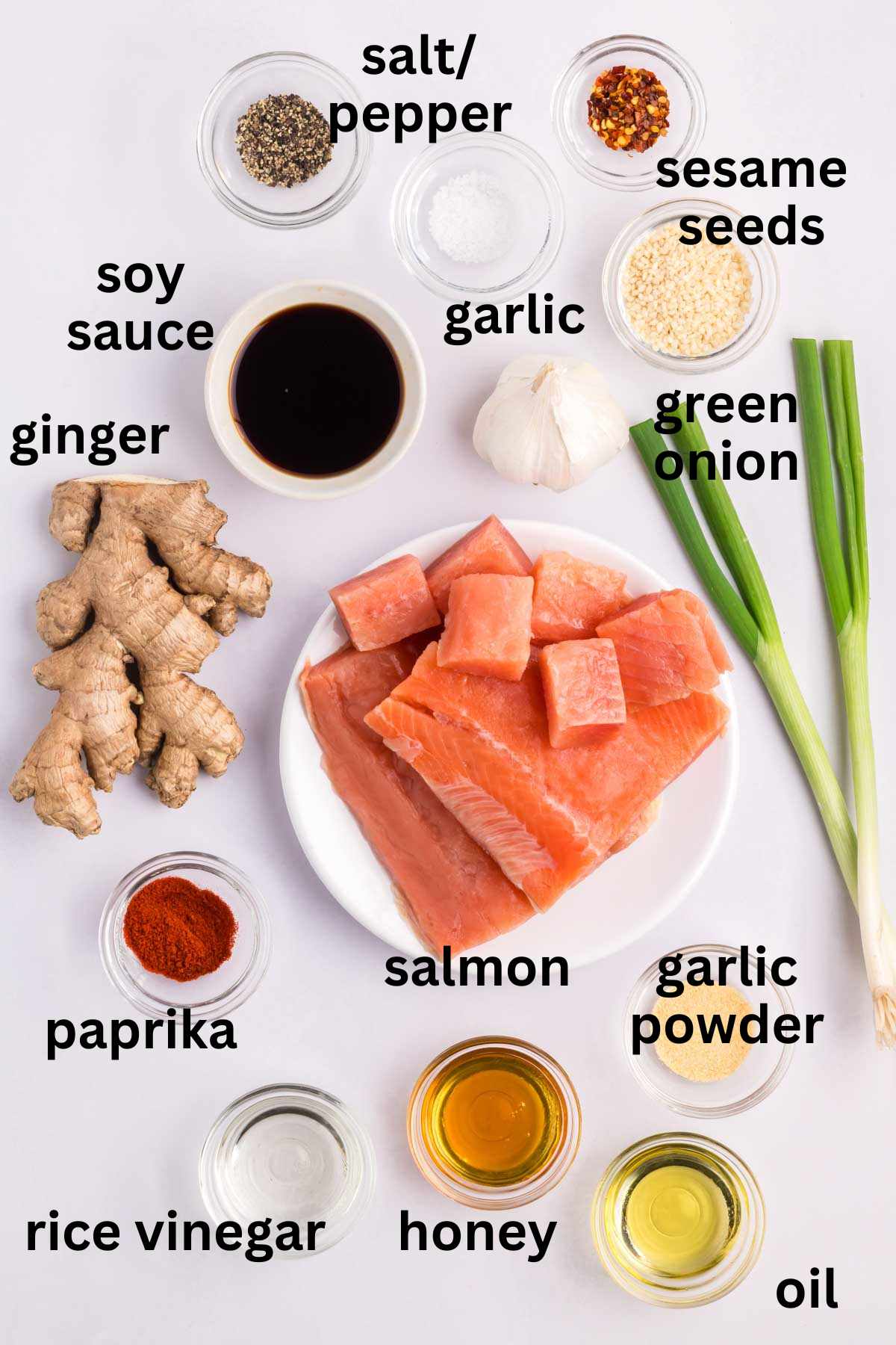 Ingredients needed to make crispy air fryer salmon bites.