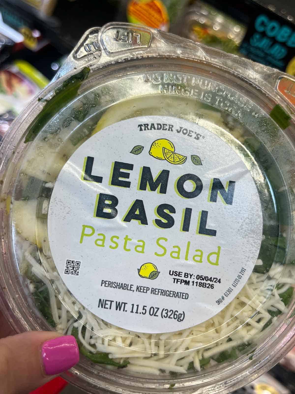 A container of Trader Joe's lemon basil pasta salad.