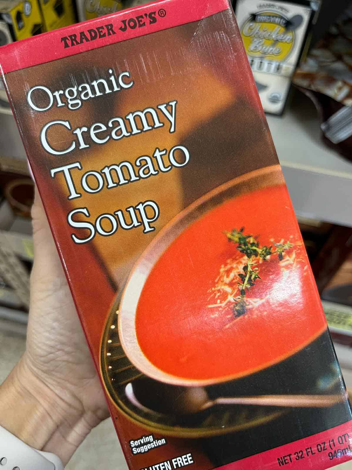A carton of Trader Joe's creamy tomato soup.
