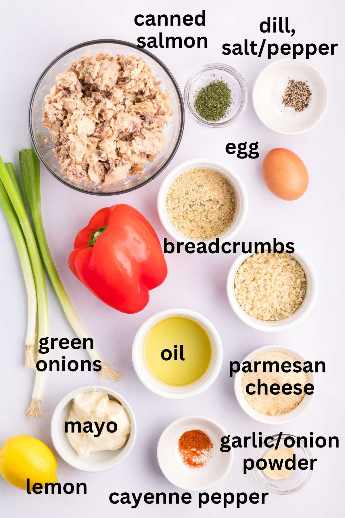 Ingredients to make salmon cakes with canned salmon.