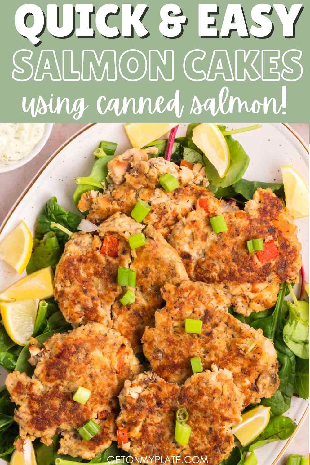 Pinterest pin showing salmon patties on a serving dish.